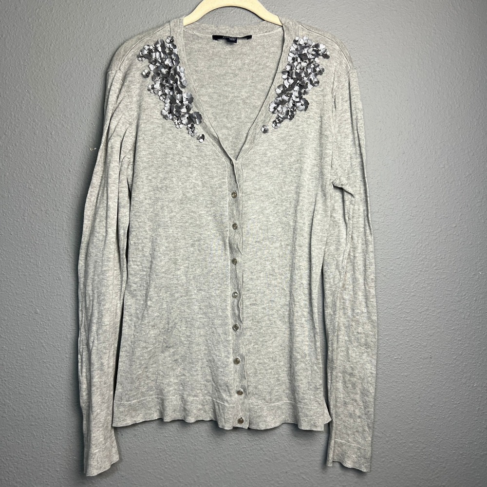 Chadwicks XL‎ Gray Cardigan Retro Sweater Button Up Long Sleeve Floral Applique